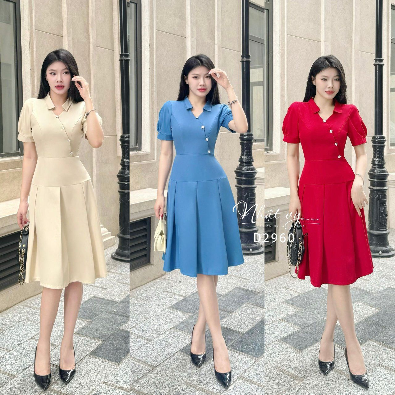 Đầm cổ sơ mi cách điệu dáng ôm đính cúc giả - D2960