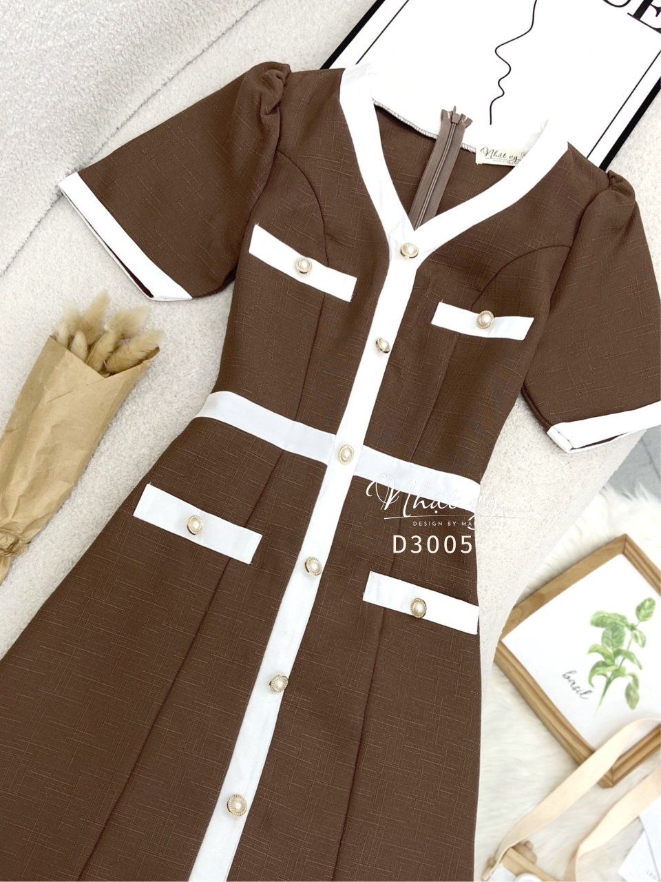 Đầm cổ tim dáng ôm phối viền đính nút kiểu - D3005
