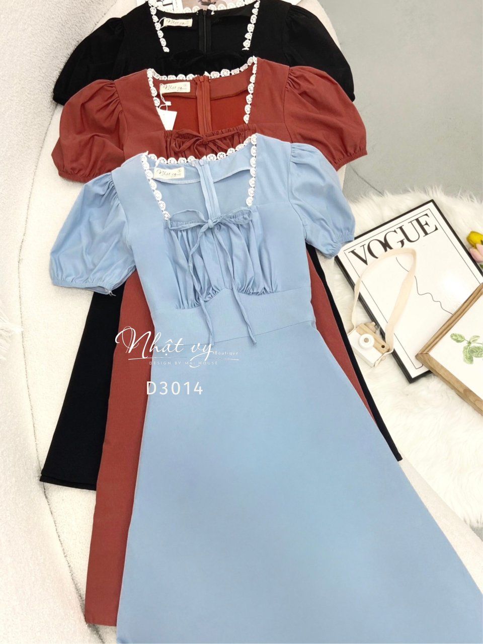 Đầm cổ vuông nhún ngực phối viền ren dáng xoè - D3014