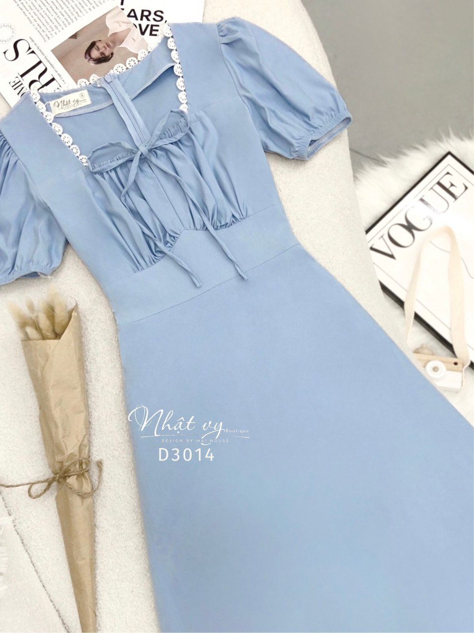 Đầm cổ vuông nhún ngực phối viền ren dáng xoè - D3014