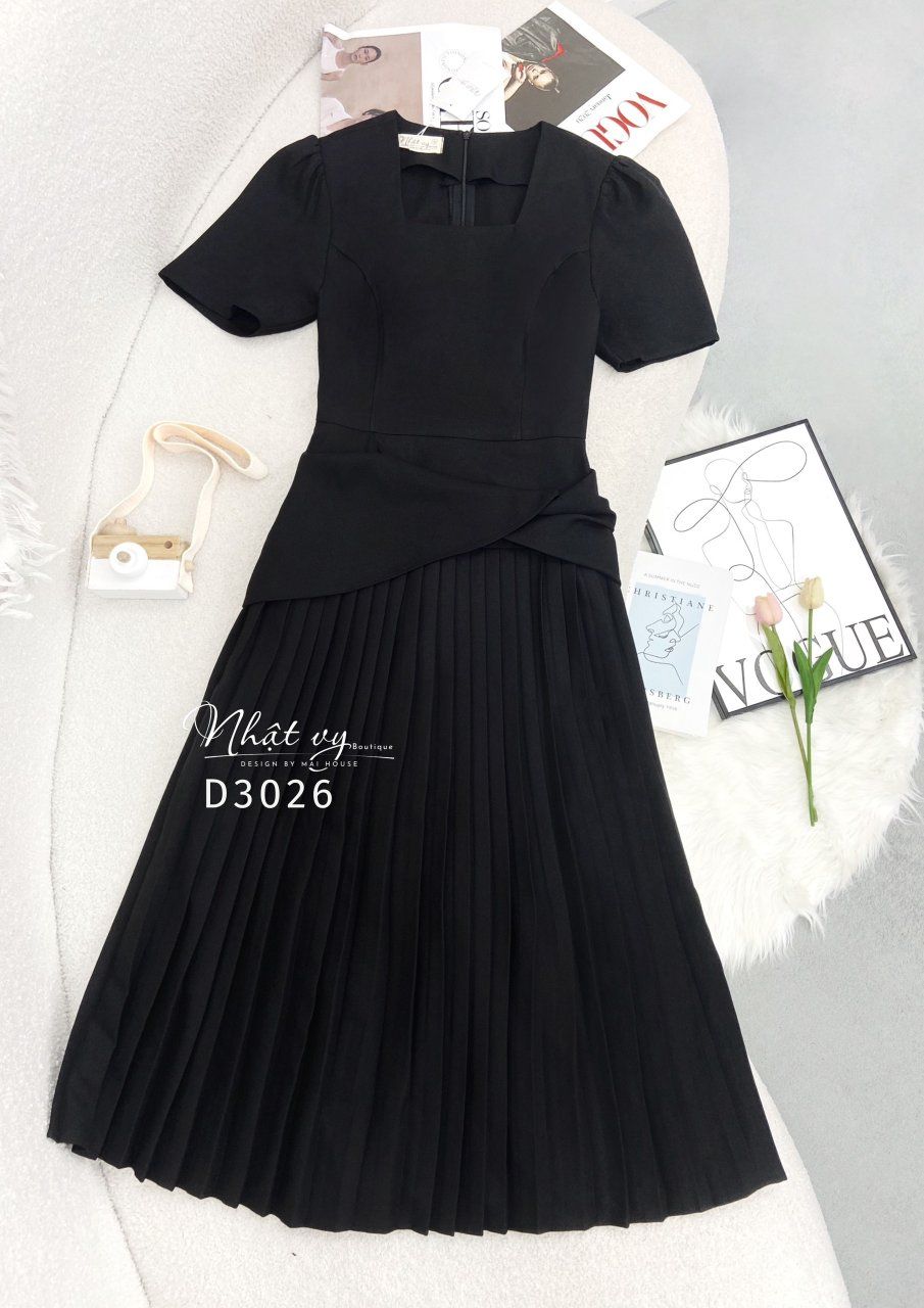 Đầm cổ vuông nhún eo cách điệu phối dập ly - D3026
