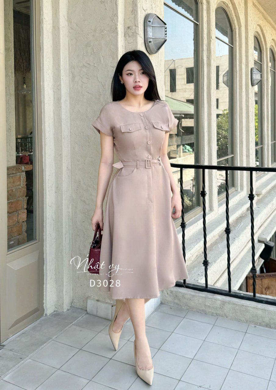 Đầm cổ tròn tay cánh dơi kèm dây belt rời - D3028