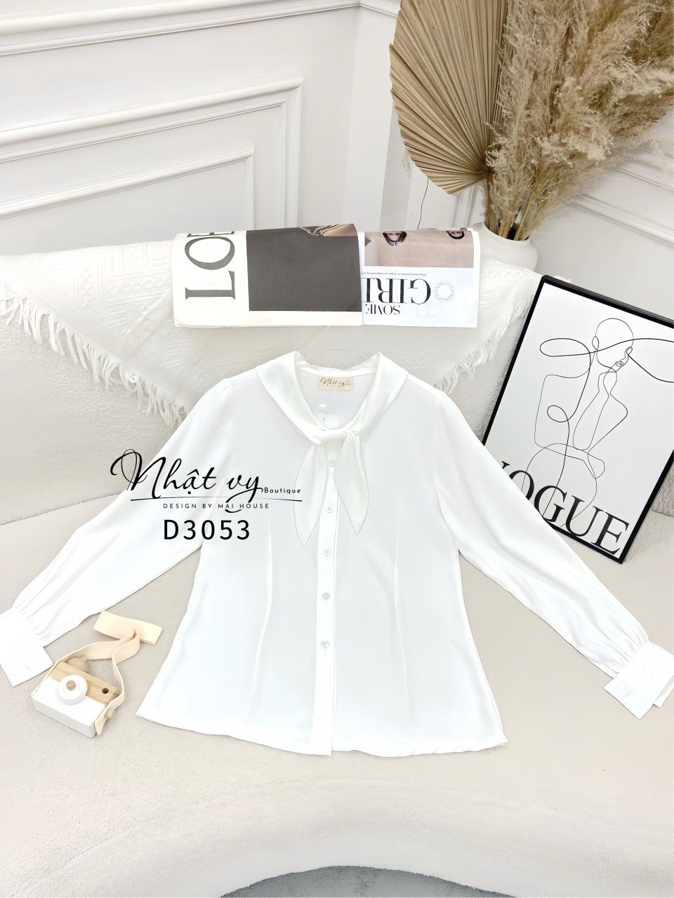 Áo sơ mi dài tay cổ bèo cài nơ cách điệu - D3053