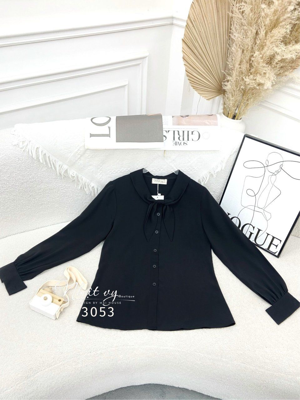 Áo sơ mi dài tay cổ bèo cài nơ cách điệu - D3053