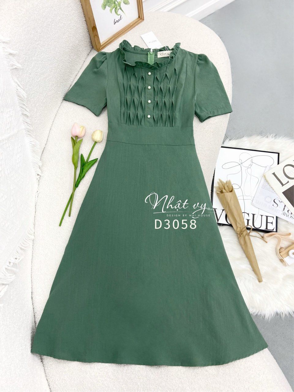 Đầm cổ tròn nhún bèo ngực viền cách điệu form dáng xoè - D3058