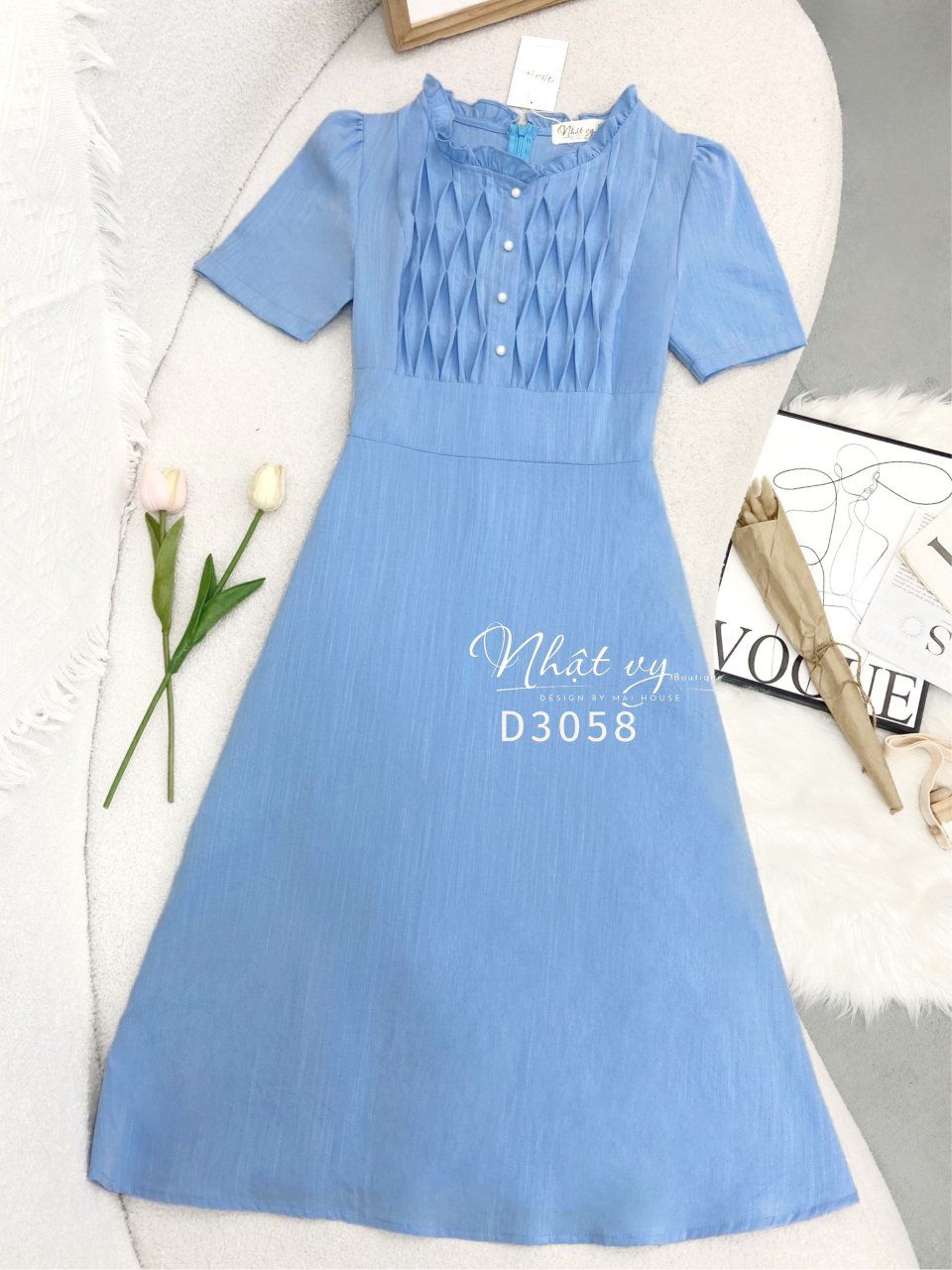 Đầm cổ tròn nhún bèo ngực viền cách điệu form dáng xoè - D3058