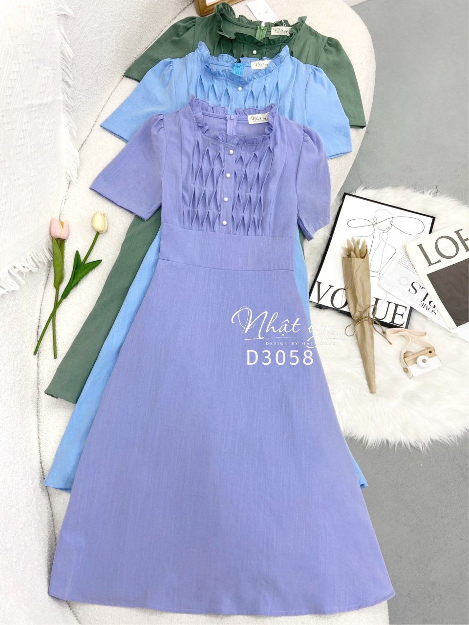 Đầm cổ tròn nhún bèo ngực viền cách điệu form dáng xoè - D3058