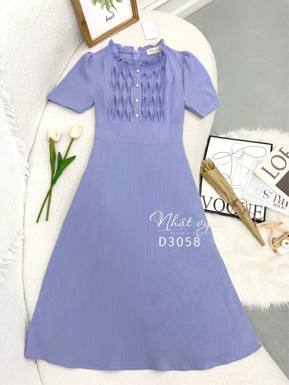 Đầm cổ tròn nhún bèo ngực viền cách điệu form dáng xoè - D3058