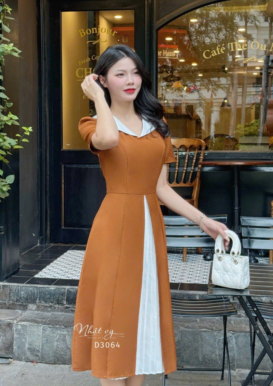 Đầm cổ tim bèo form dáng xoè phối dập ly - D3064