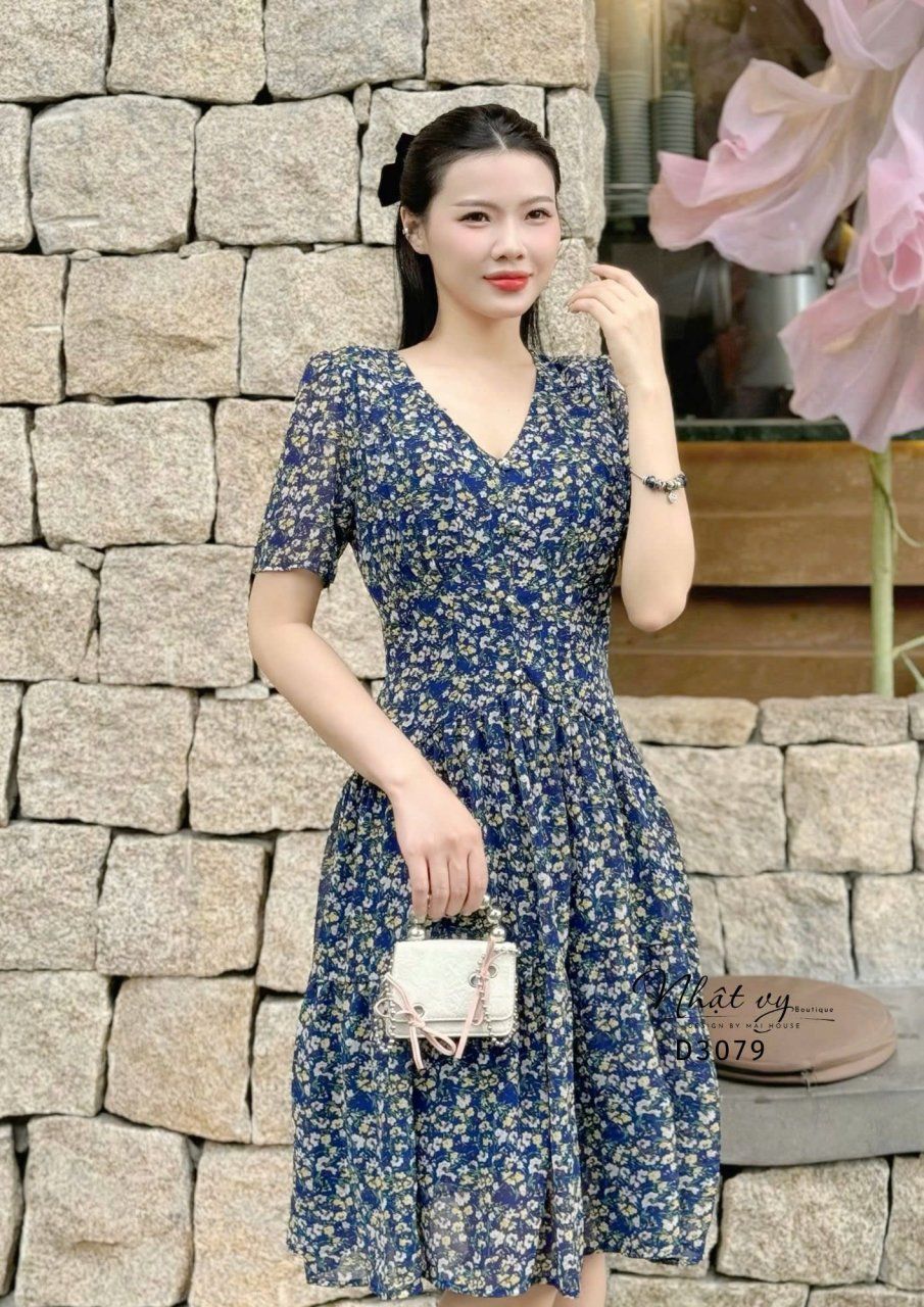 Đầm voan hoa tầng nhún ngực đính nút bọc - D3079
