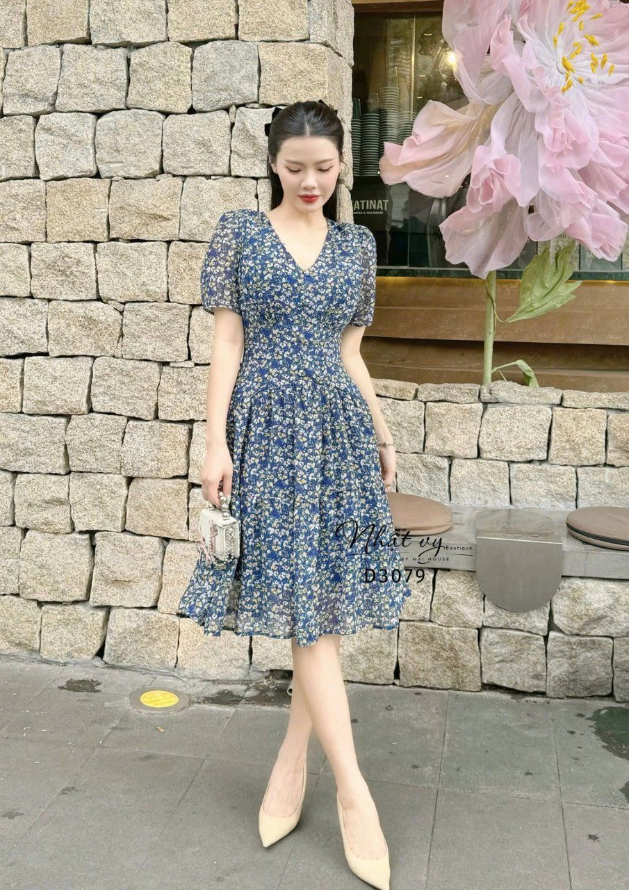 Đầm voan hoa tầng nhún ngực đính nút bọc - D3079