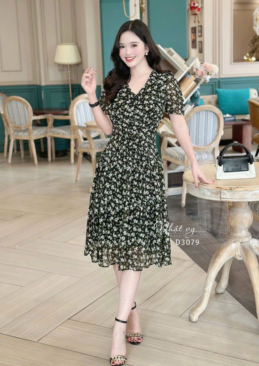 Đầm voan hoa tầng nhún ngực đính nút bọc - D3079