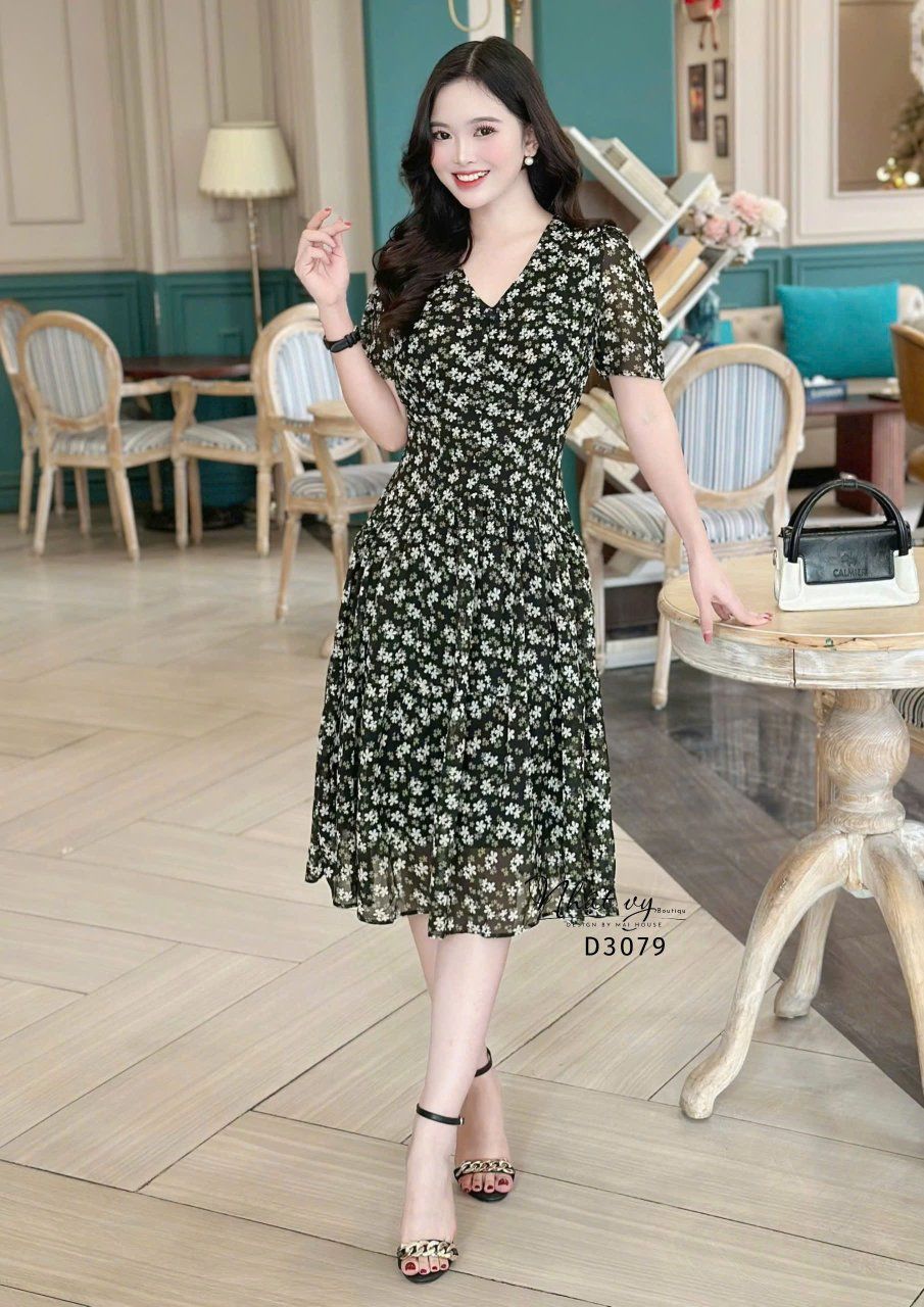 Đầm voan hoa tầng nhún ngực đính nút bọc - D3079