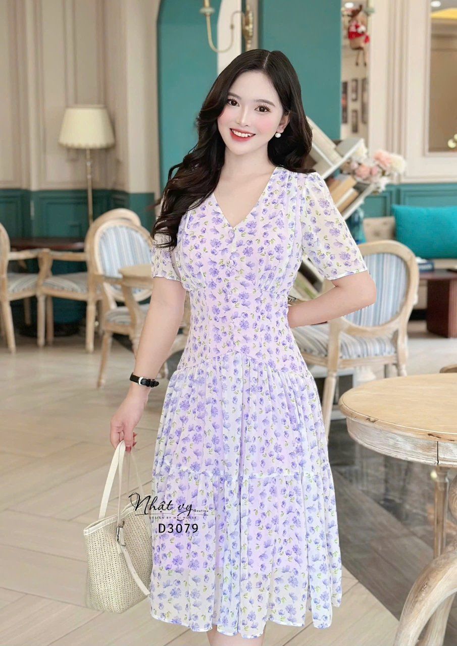 Đầm voan hoa tầng nhún ngực đính nút bọc - D3079
