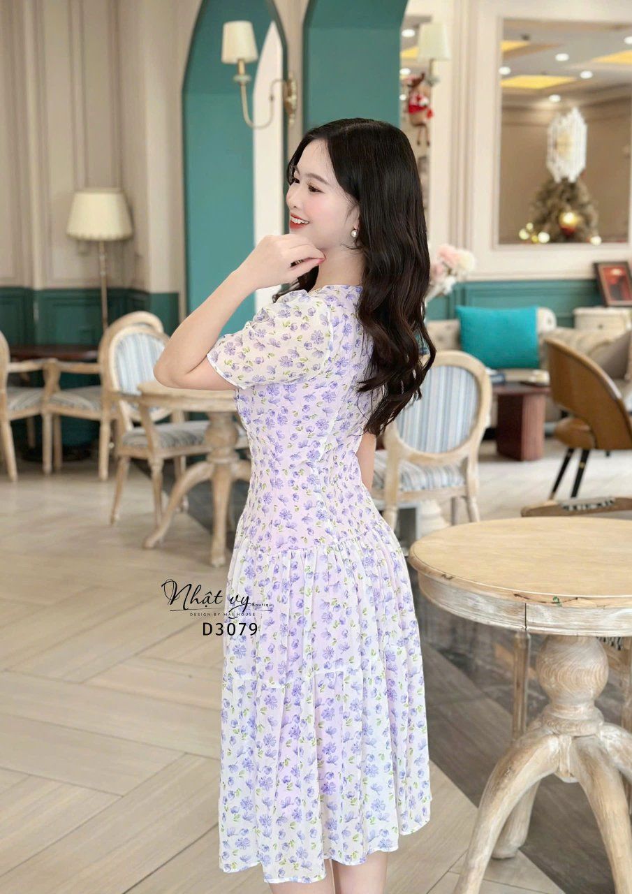 Đầm voan hoa tầng nhún ngực đính nút bọc - D3079