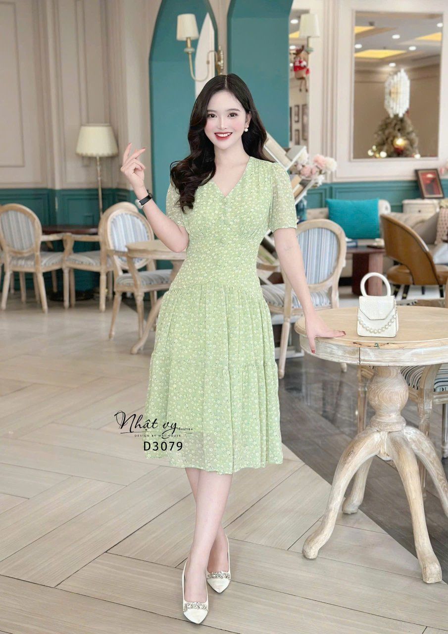 Đầm voan hoa tầng nhún ngực đính nút bọc - D3079