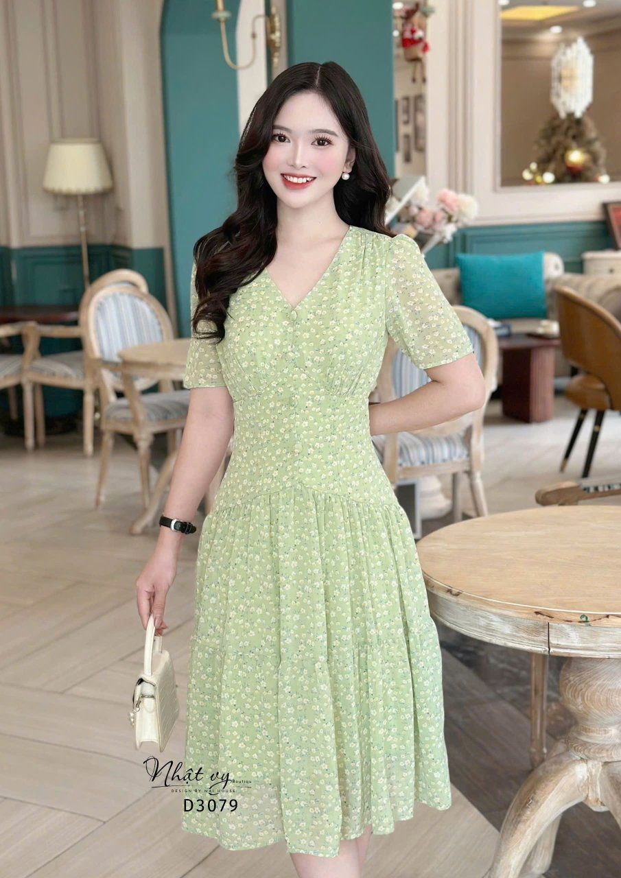 Đầm voan hoa tầng nhún ngực đính nút bọc - D3079