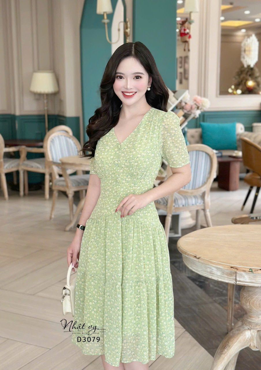Đầm voan hoa tầng nhún ngực đính nút bọc - D3079
