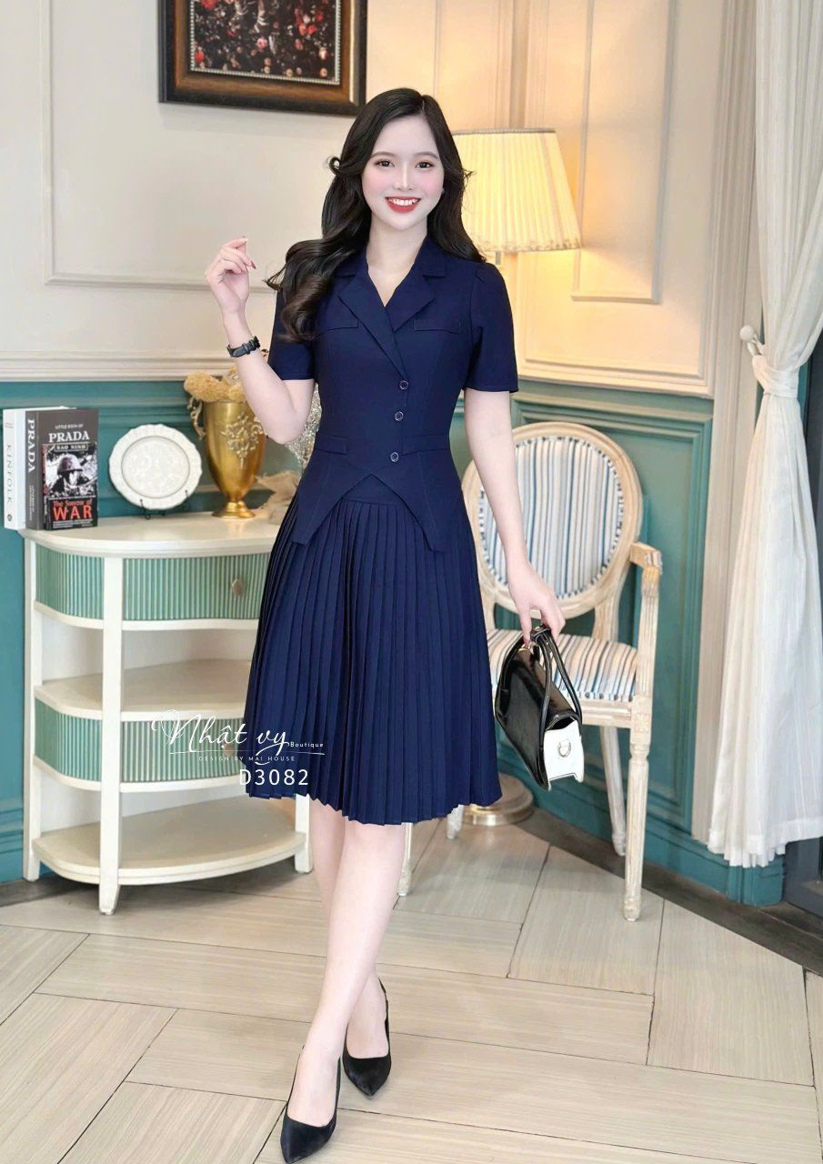 Đầm cổ vest tà cách điệu đắp túi giả - D3082