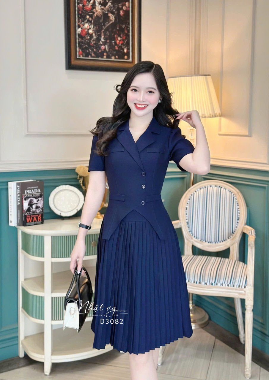 Đầm cổ vest tà cách điệu đắp túi giả - D3082