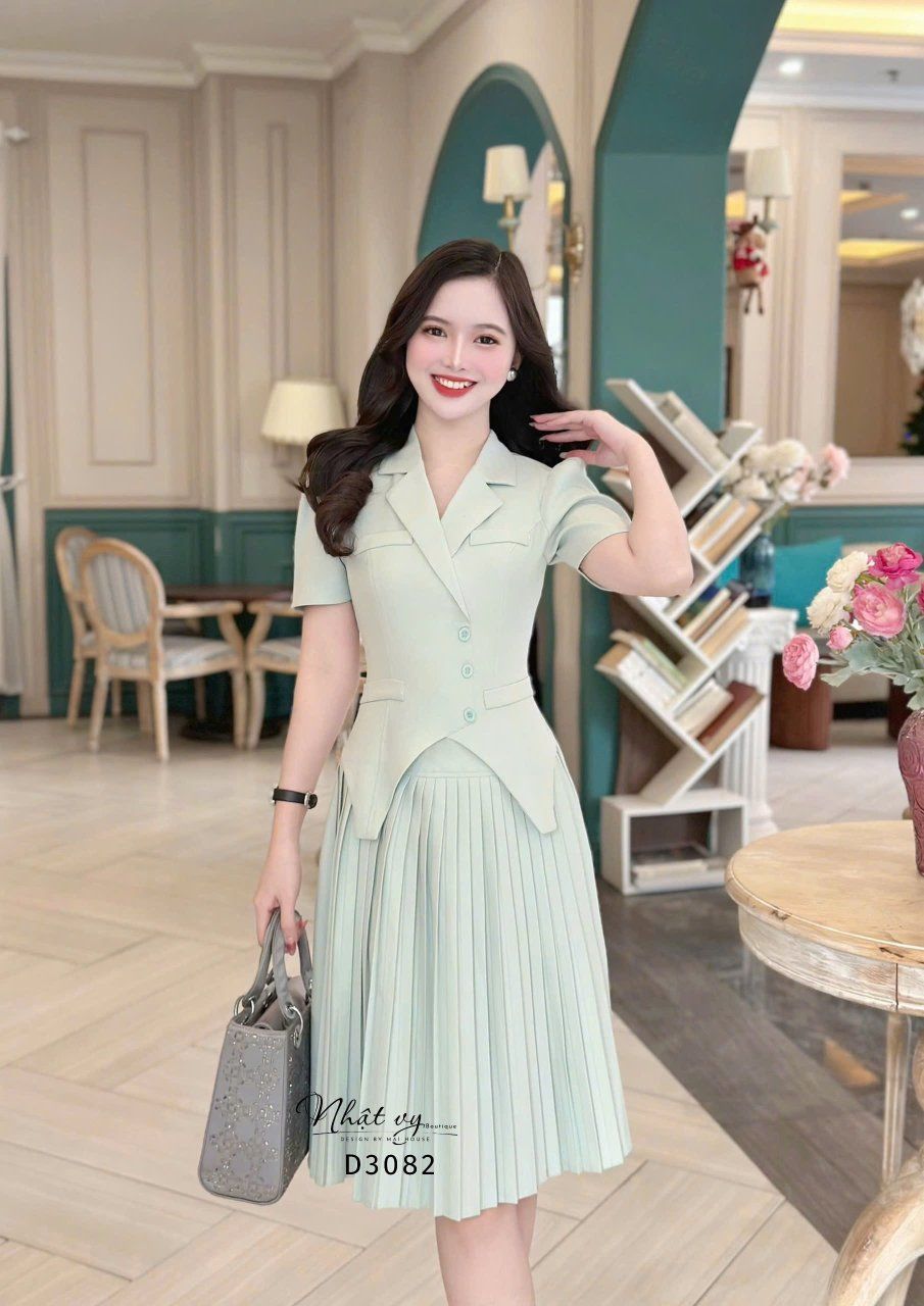 Đầm cổ vest tà cách điệu đắp túi giả - D3082
