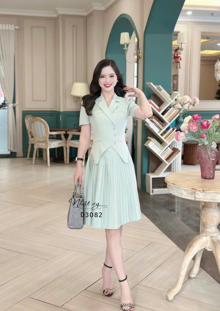 Đầm cổ vest tà cách điệu đắp túi giả - D3082