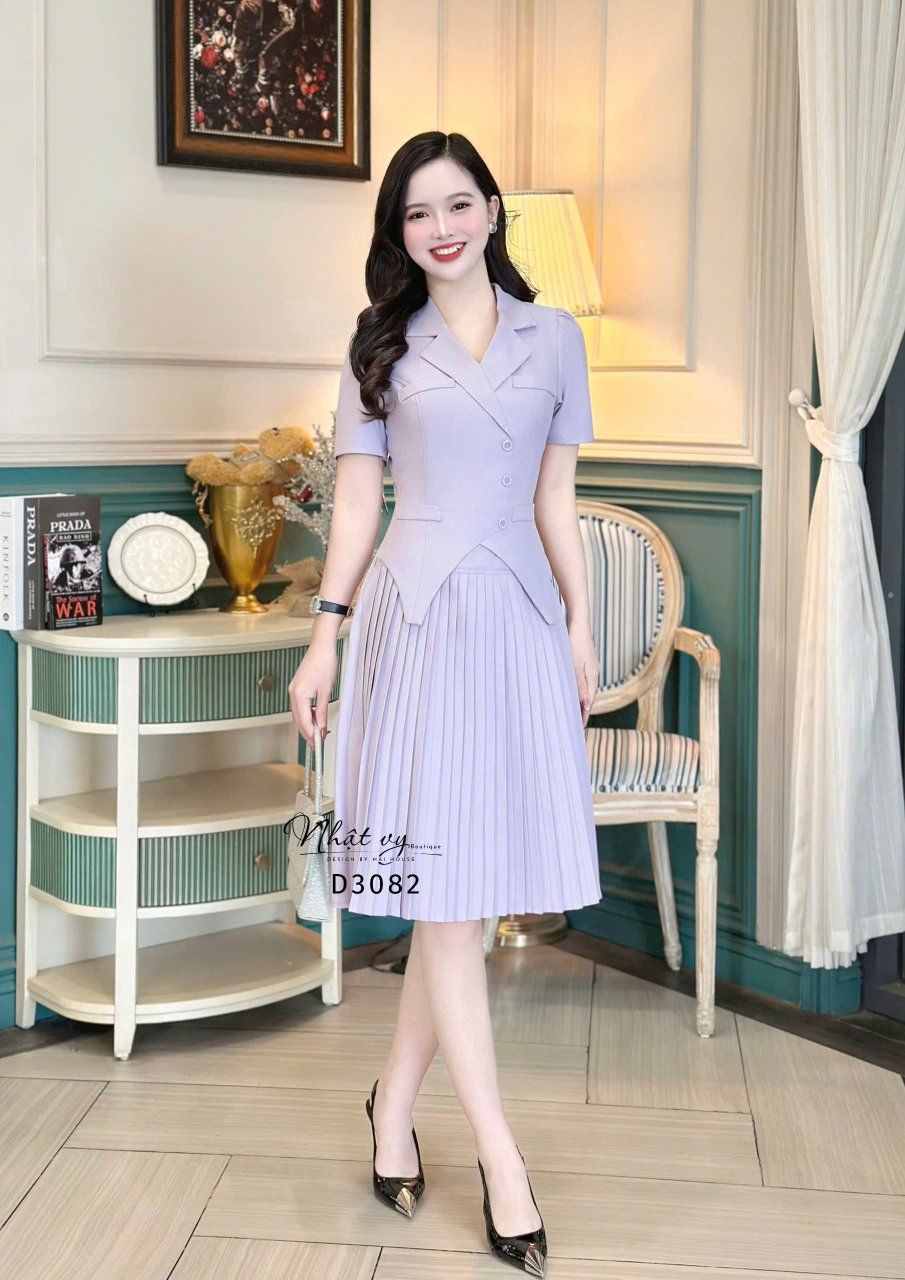 Đầm cổ vest tà cách điệu đắp túi giả - D3082