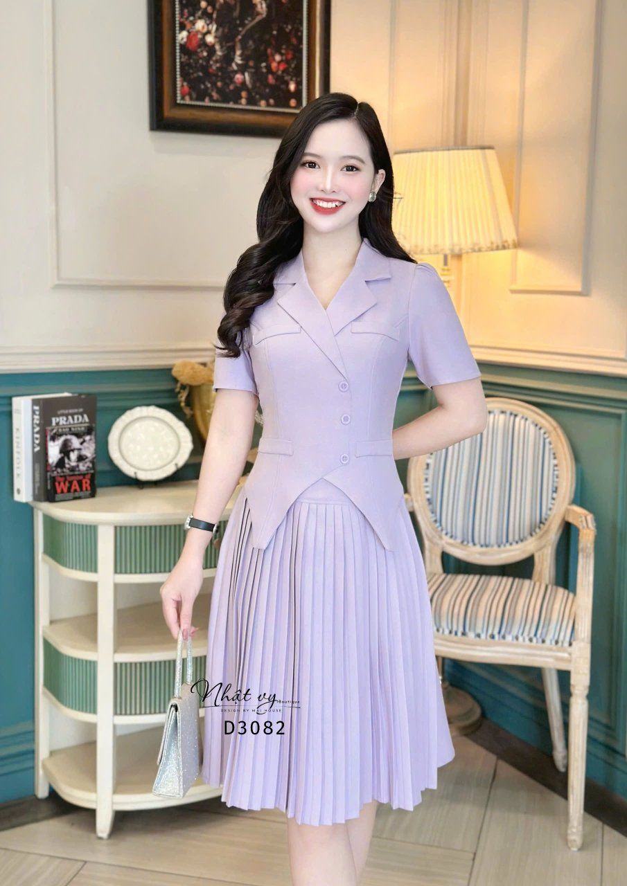 Đầm cổ vest tà cách điệu đắp túi giả - D3082