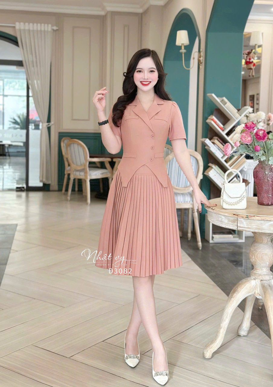 Đầm cổ vest tà cách điệu đắp túi giả - D3082