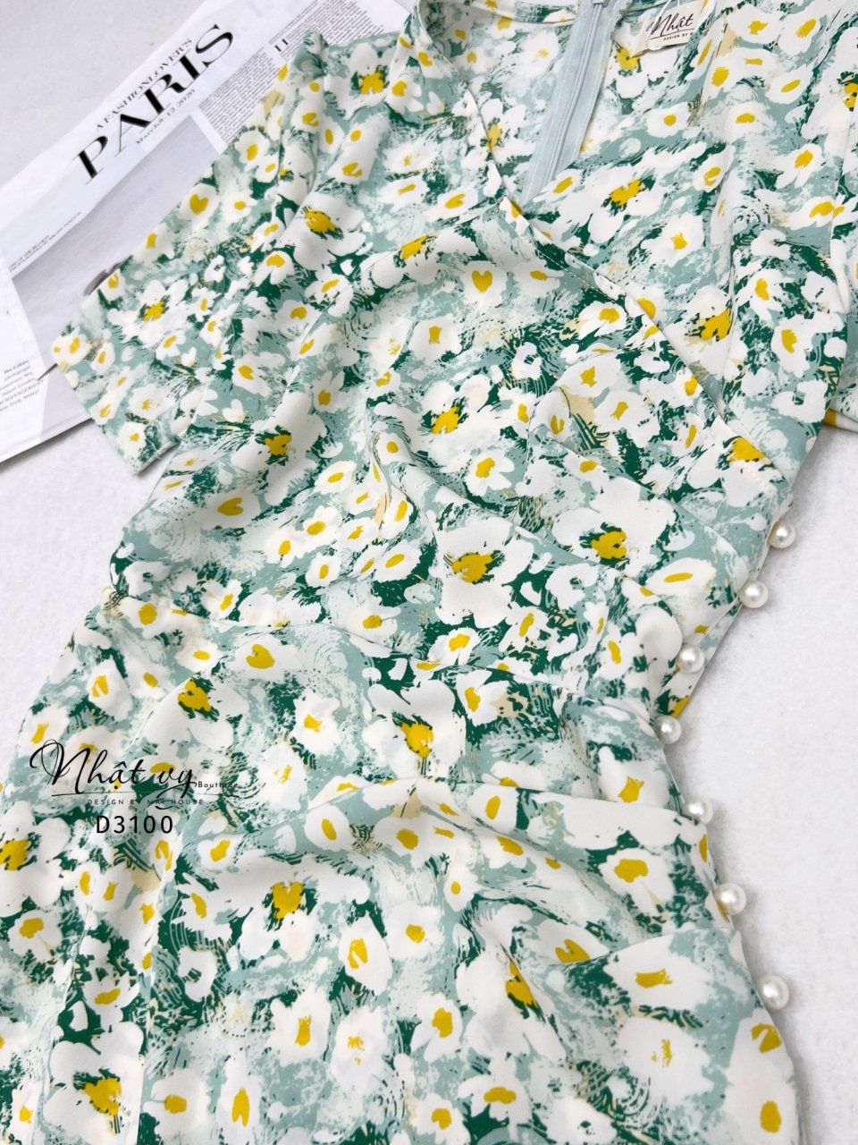 Đầm hoa cổ V nhún eo cách điệu đính hạt ngọc - D3100