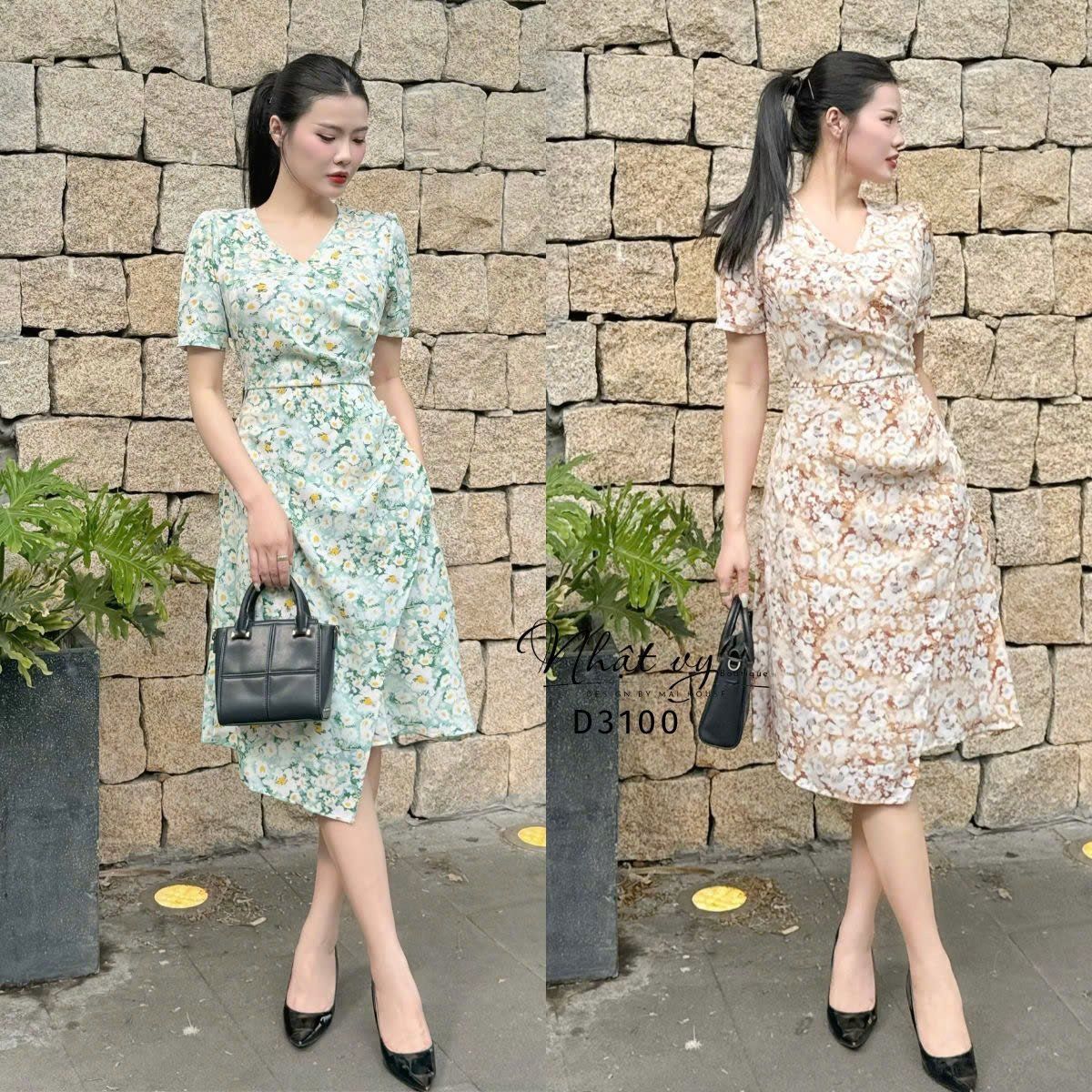 Đầm hoa cổ V nhún eo cách điệu đính hạt ngọc - D3100