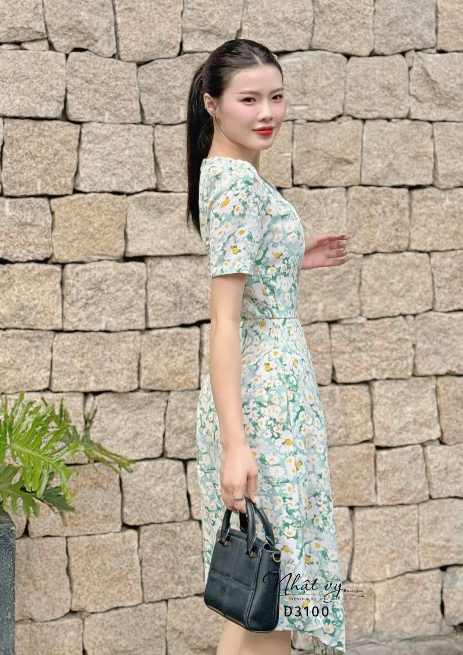 Đầm hoa cổ V nhún eo cách điệu đính hạt ngọc - D3100