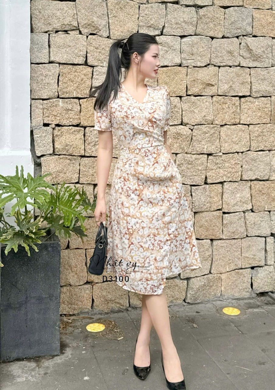 Đầm hoa cổ V nhún eo cách điệu đính hạt ngọc - D3100