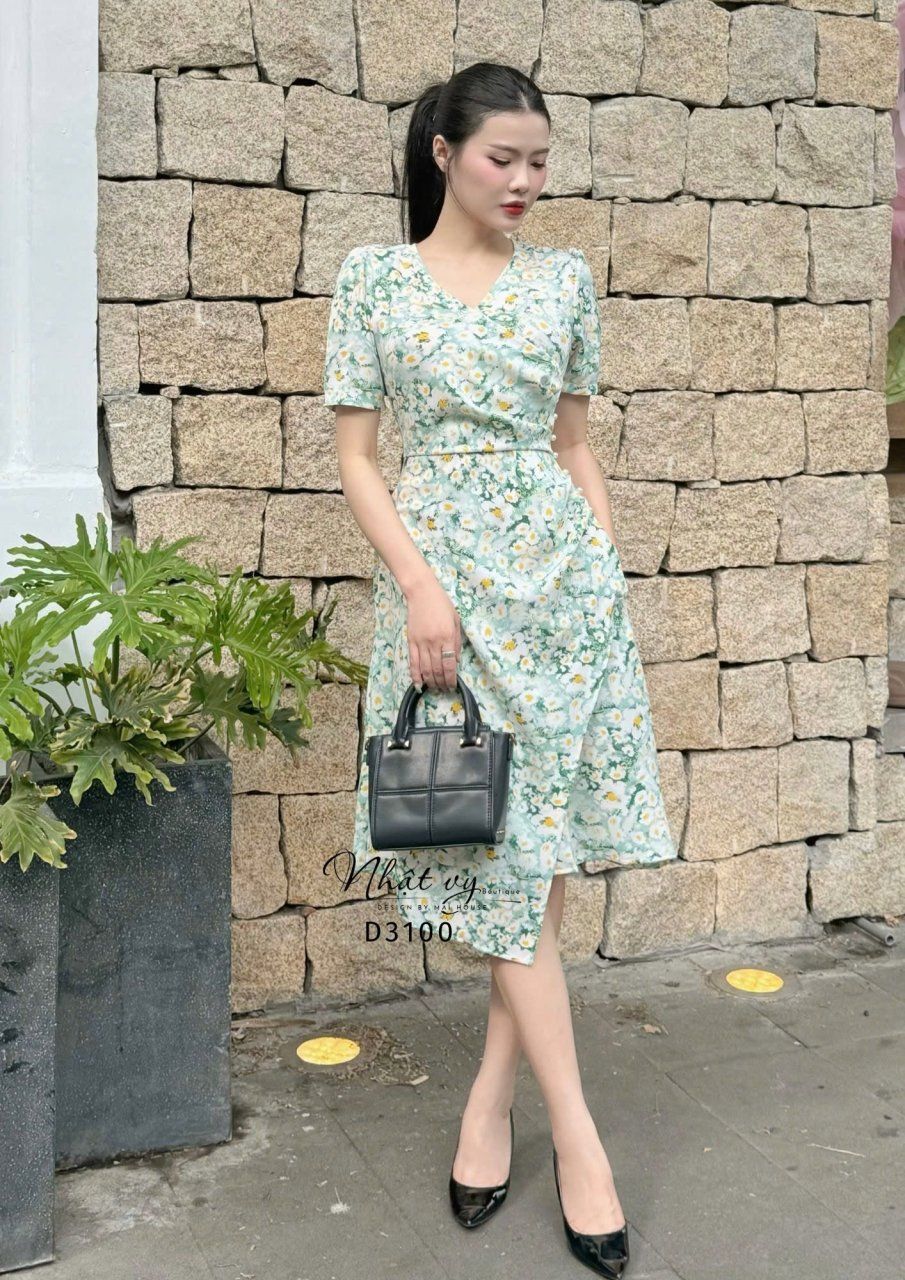 Đầm hoa cổ V nhún eo cách điệu đính hạt ngọc - D3100