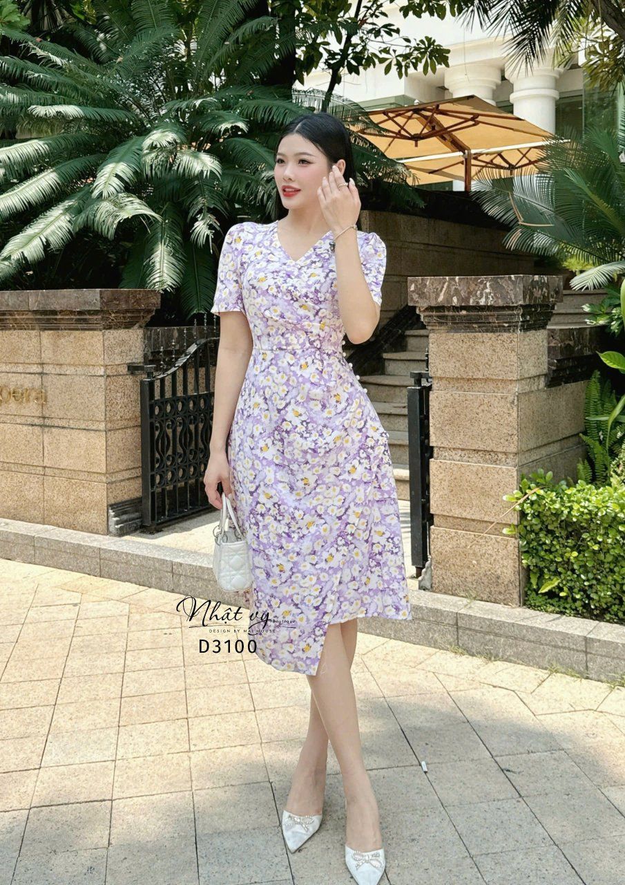 Đầm hoa cổ V nhún eo cách điệu đính hạt ngọc - D3100