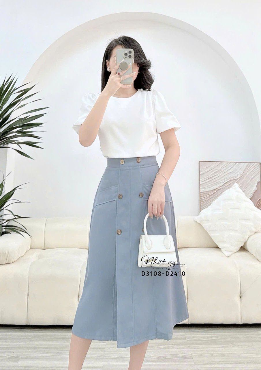 Chân váy chữ A dáng dài đính cúc giả - D3108
