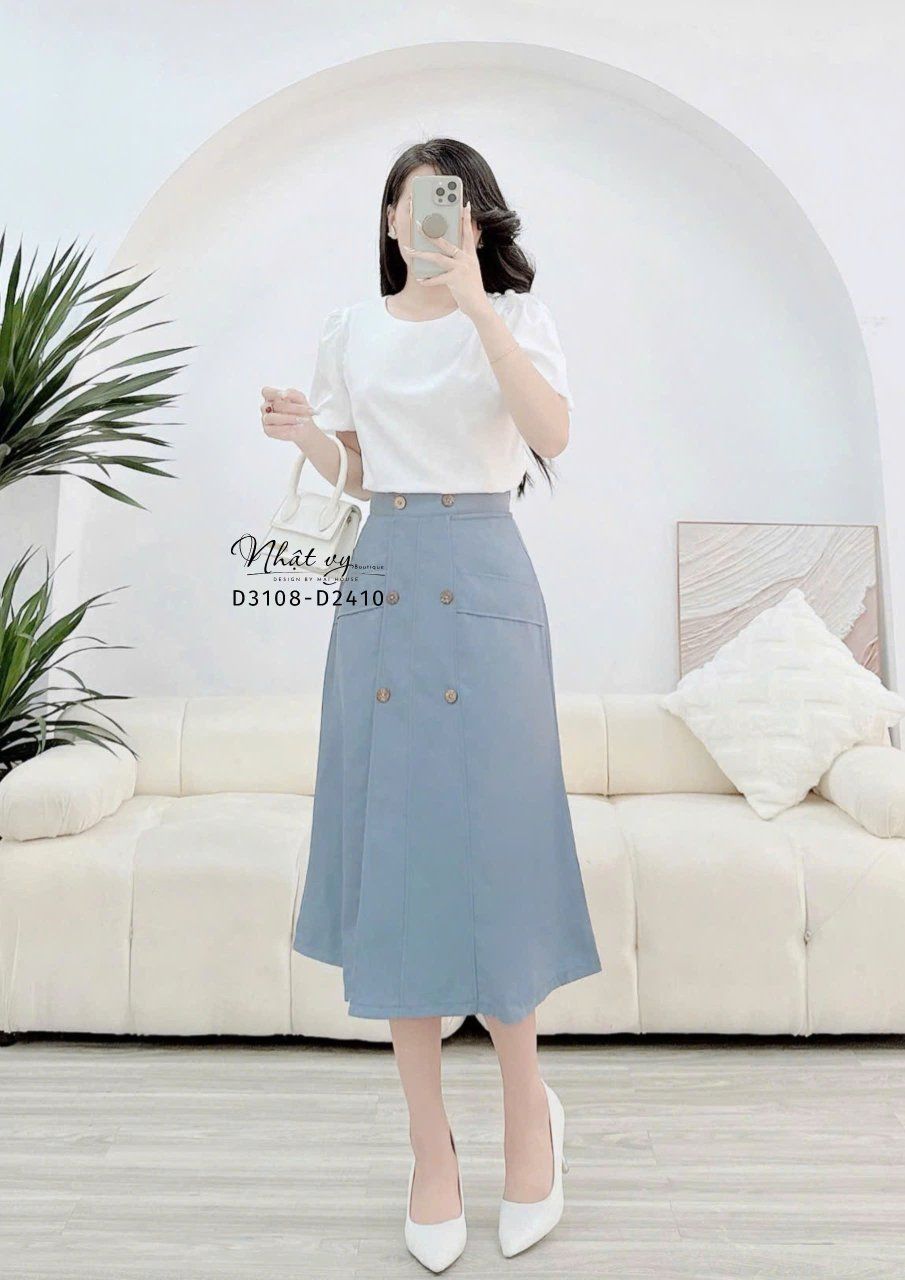 Chân váy chữ A dáng dài đính cúc giả - D3108