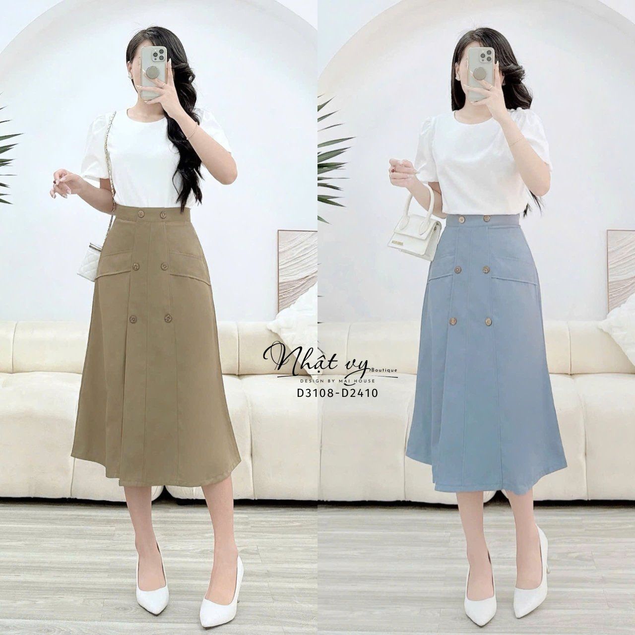 Chân váy chữ A dáng dài đính cúc giả - D3108