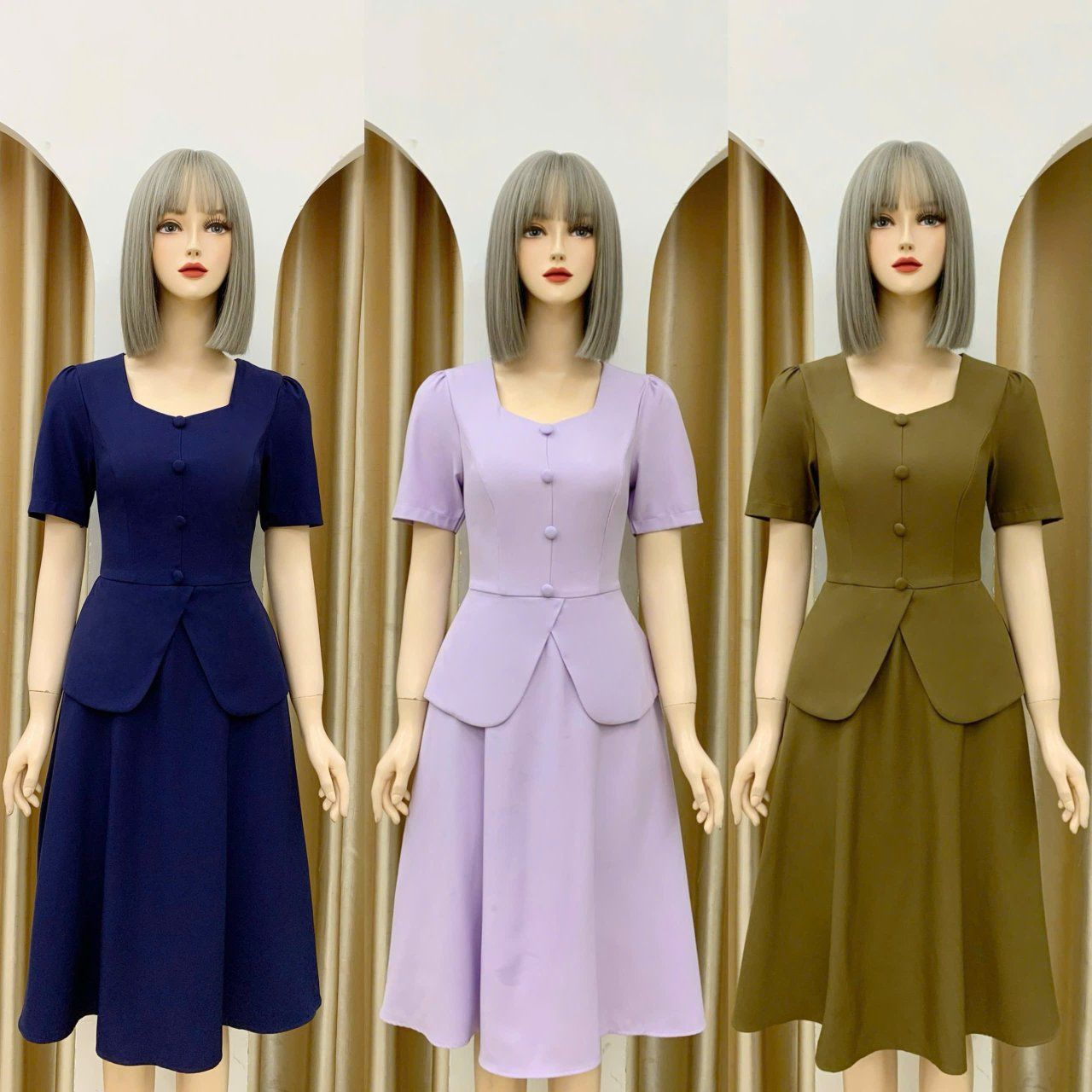 Đầm peplum cổ vuông đính nút kiểu - D3112