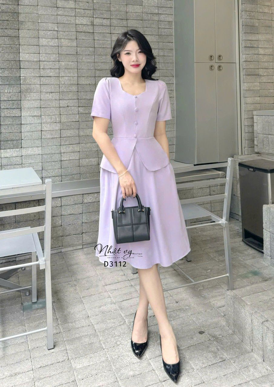 Đầm peplum cổ vuông đính nút kiểu - D3112