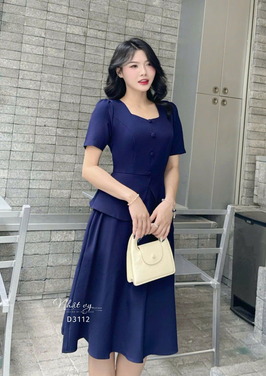 Đầm peplum cổ vuông đính nút kiểu - D3112