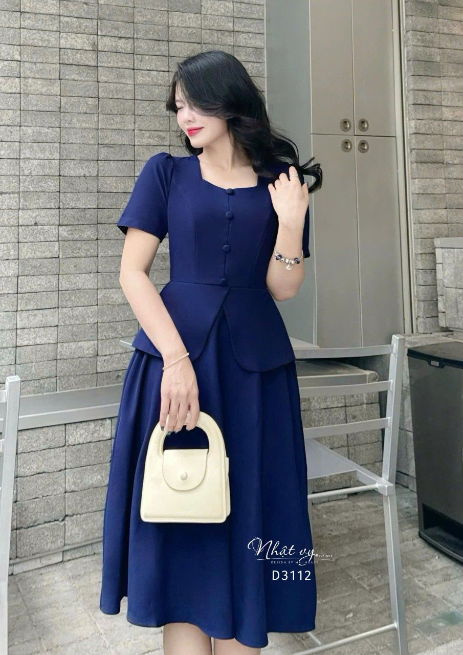 Đầm peplum cổ vuông đính nút kiểu - D3112