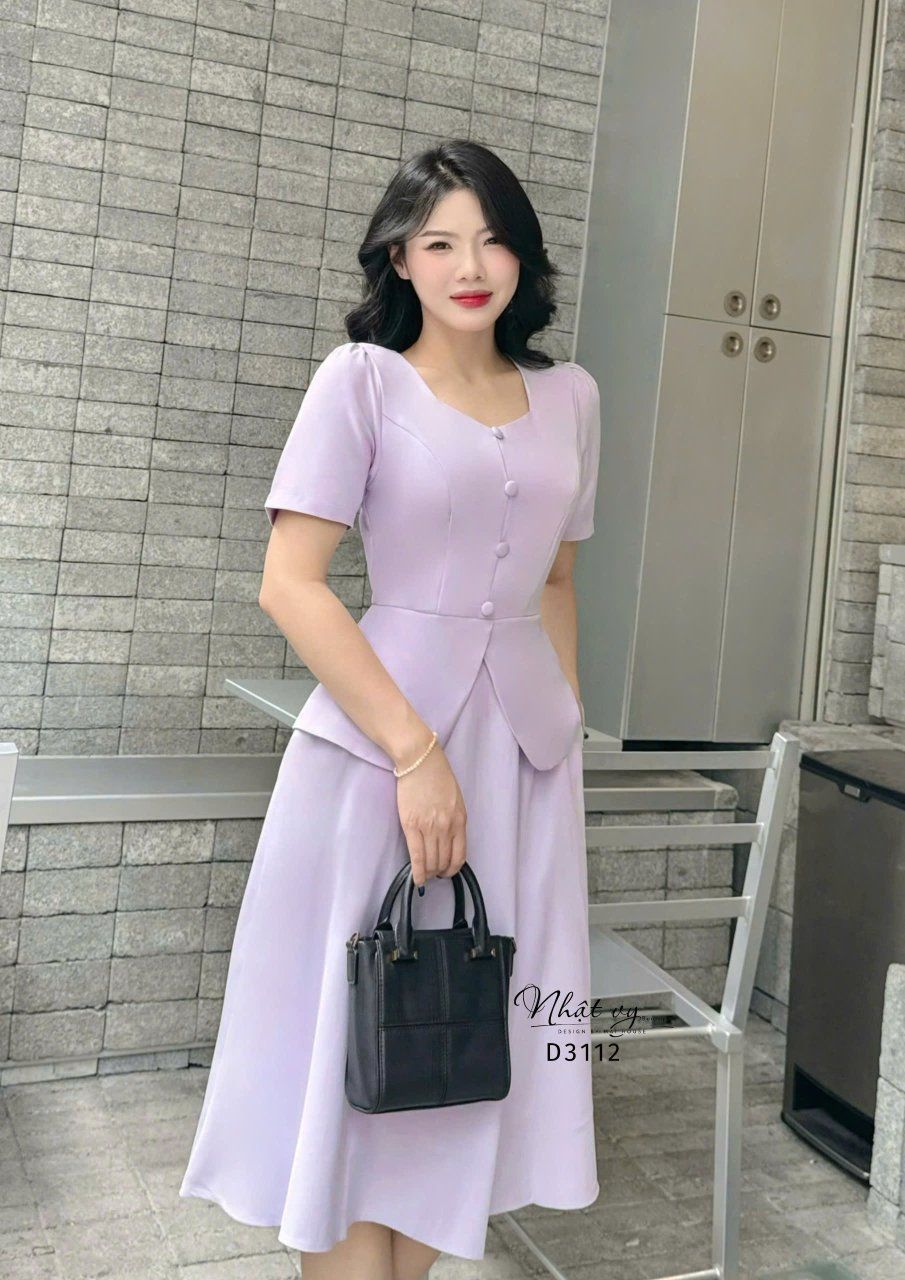Đầm peplum cổ vuông đính nút kiểu - D3112