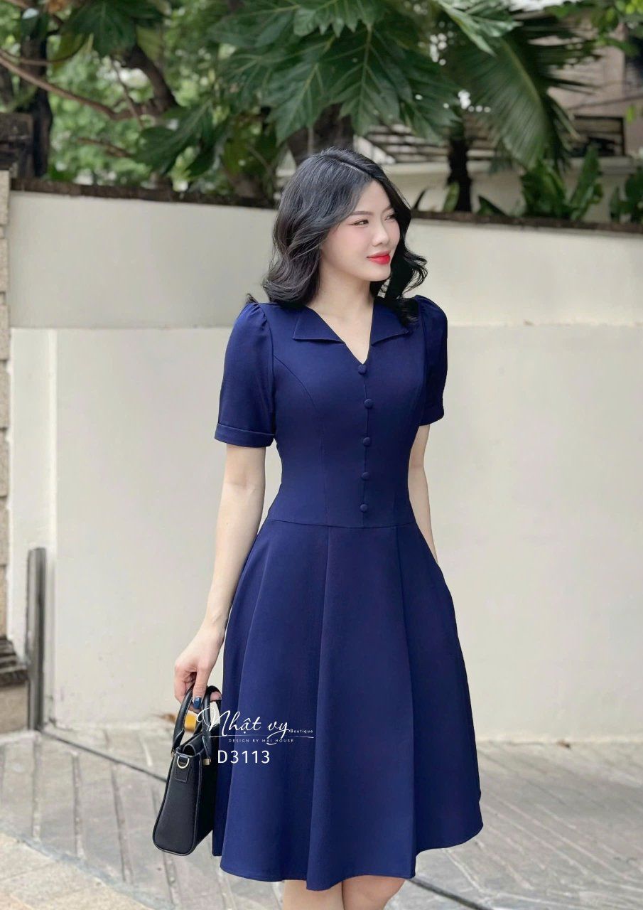 Đầm cổ V đính nút bọc form dáng xoè - D3113