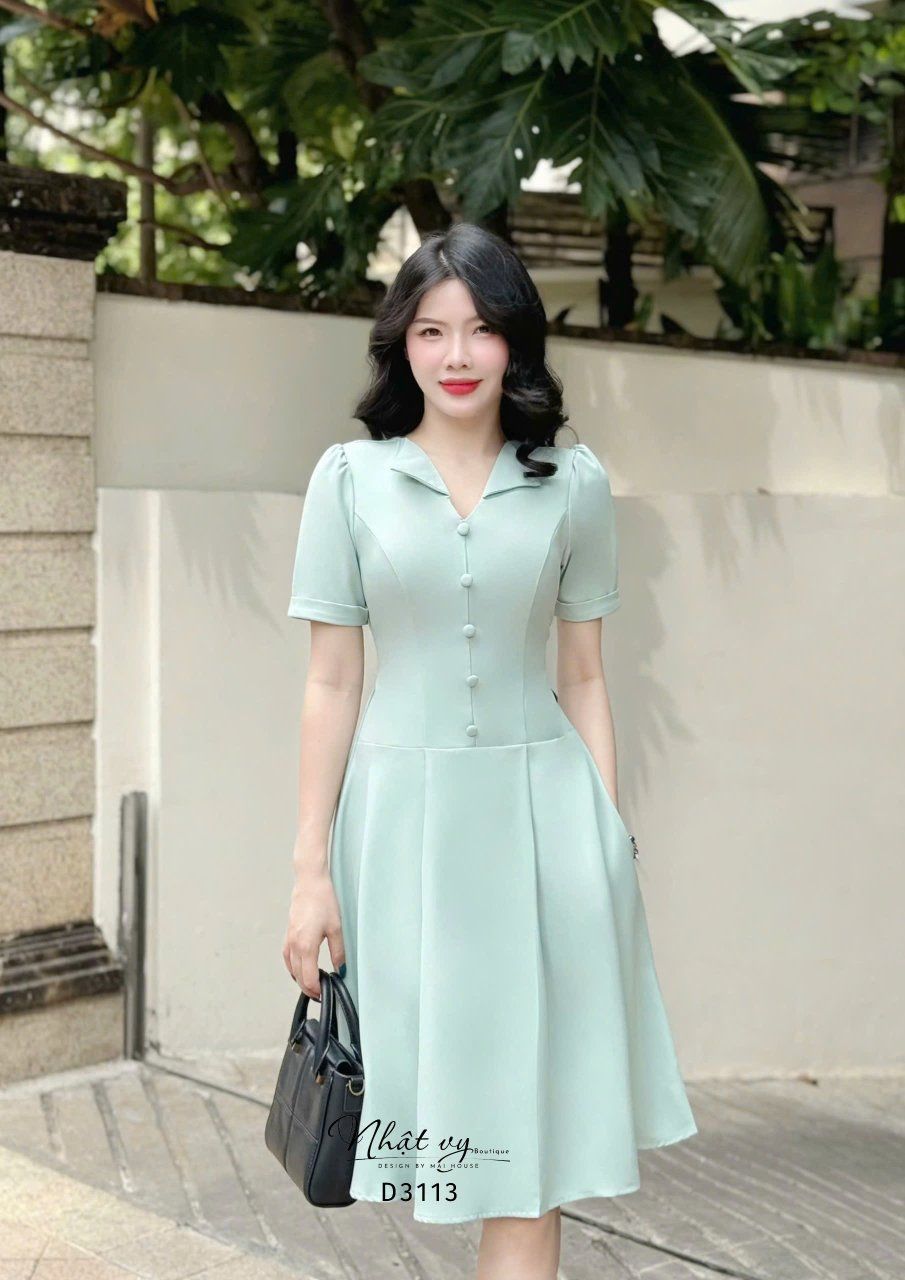 Đầm cổ V đính nút bọc form dáng xoè - D3113