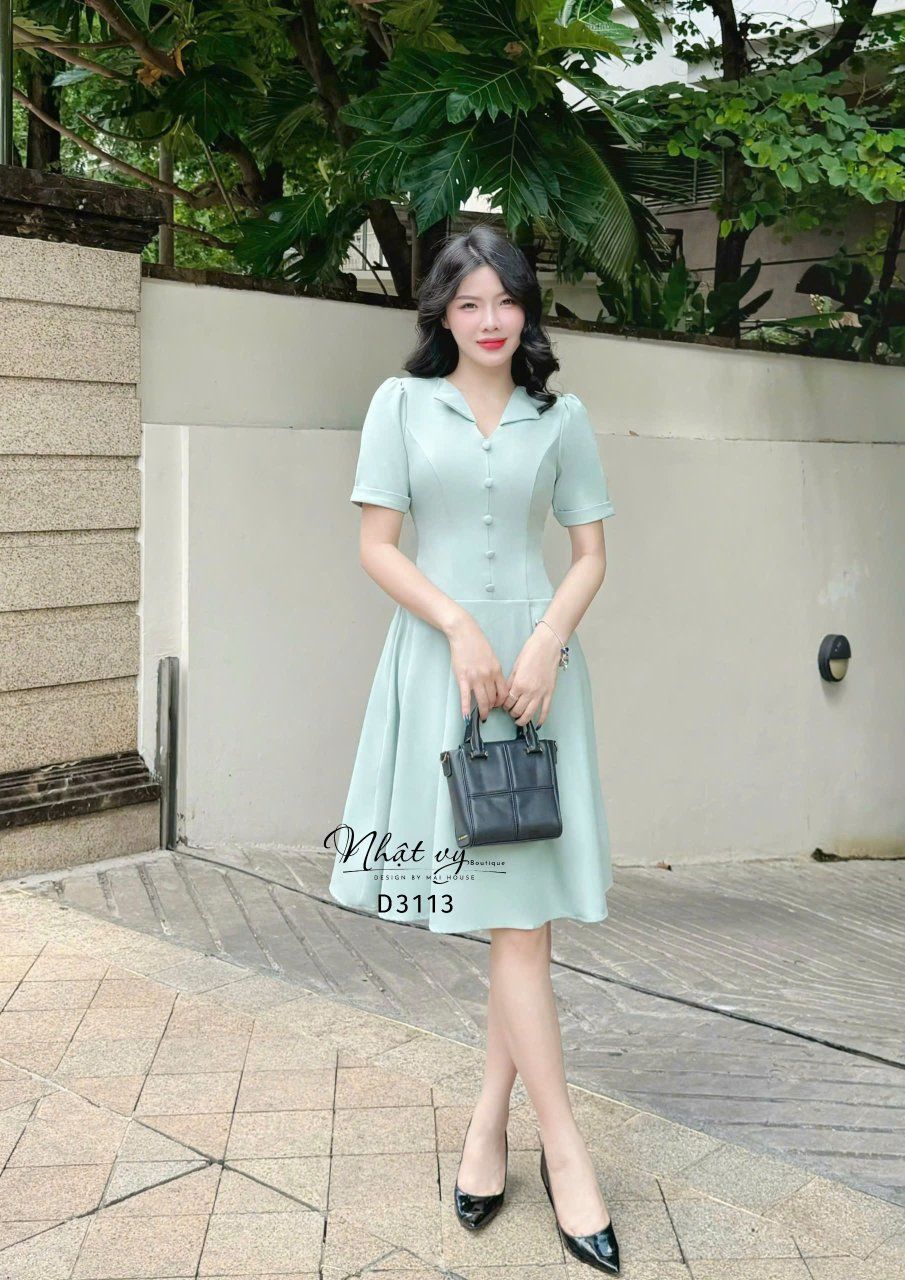 Đầm cổ V đính nút bọc form dáng xoè - D3113