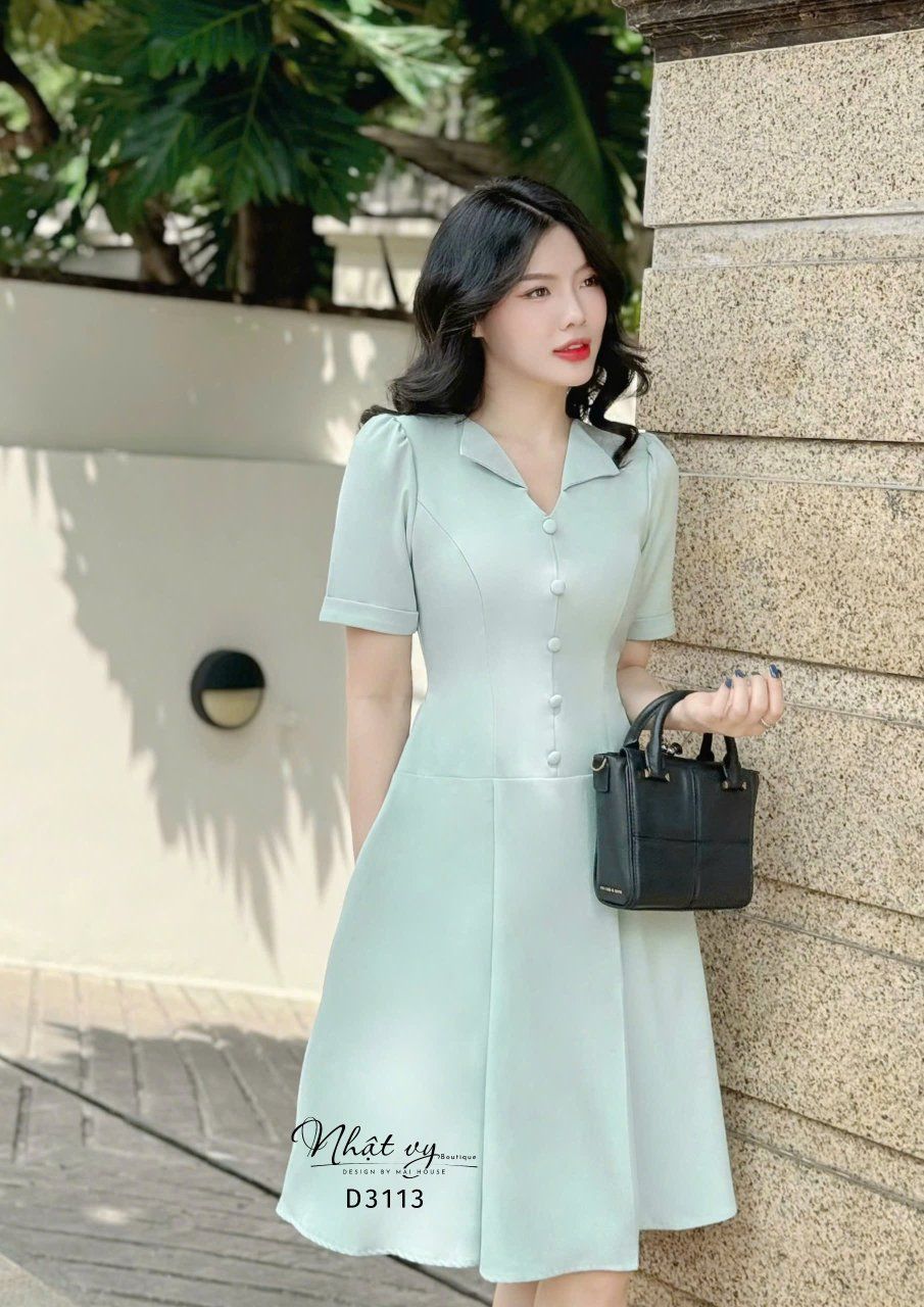 Đầm cổ V đính nút bọc form dáng xoè - D3113