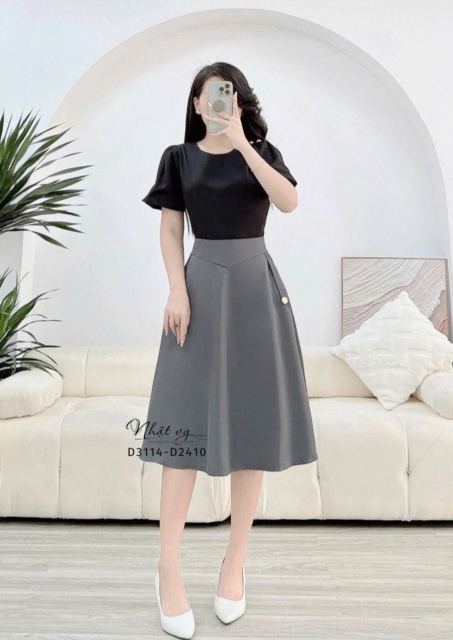 Chân váy dáng xoè túi đính nút kiểu - D3114