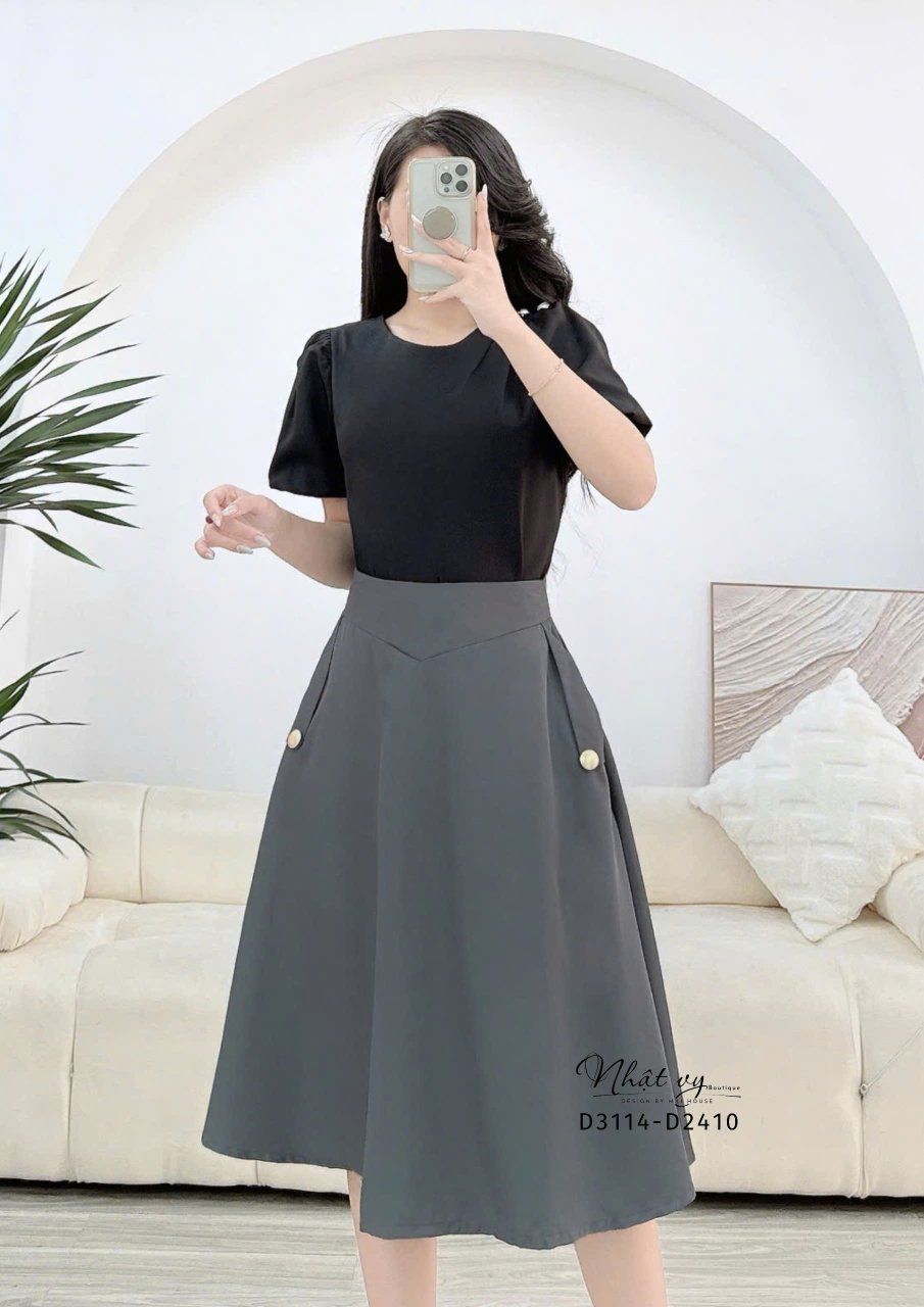 Chân váy dáng xoè túi đính nút kiểu - D3114