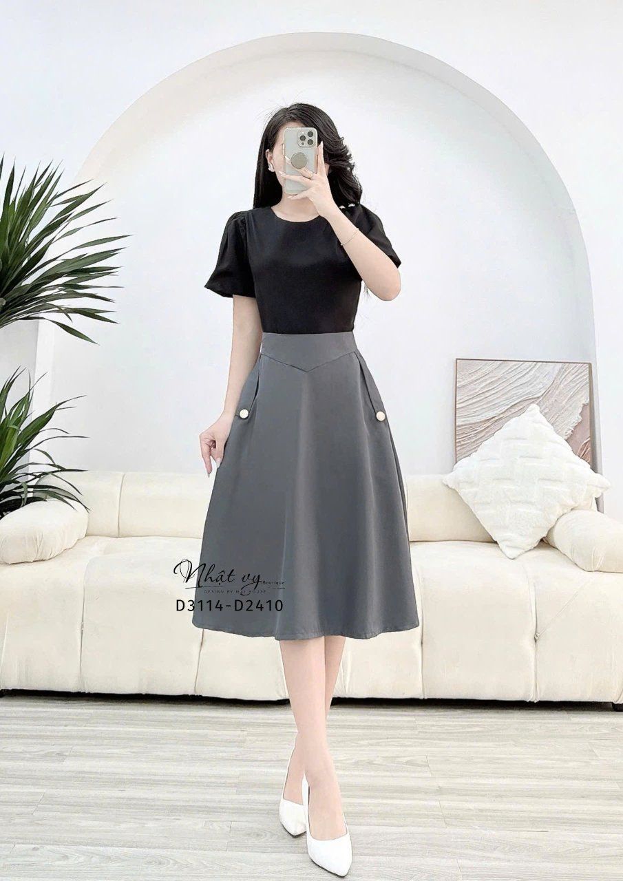 Chân váy dáng xoè túi đính nút kiểu - D3114